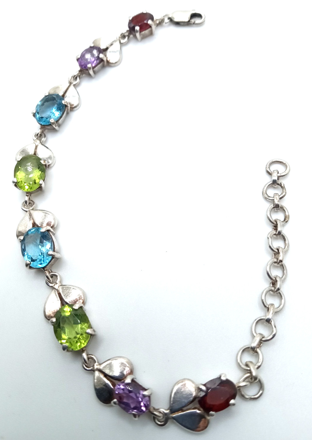 Vintage Sterling Silver Multi Gemstone 7 1/2 Inch Link Bracelet Lovely