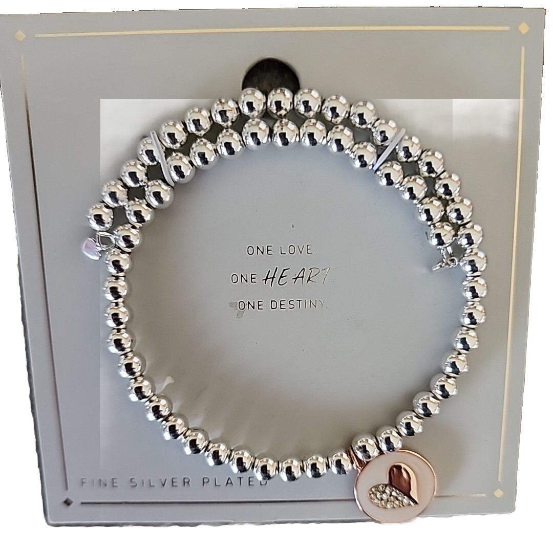 Silver Plated ~ Beaded Stretch Bracelet ~ Rose Gold Charm ~ One Love One Heart..
