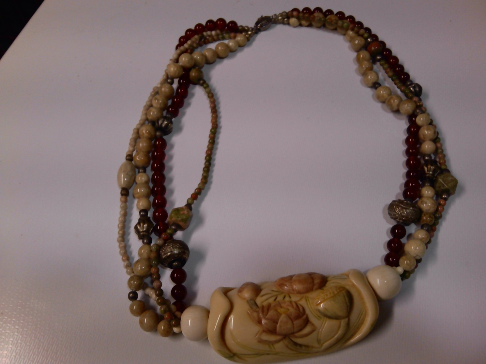 Vintage Hand Carved Bovine Bone Floral Pendant Roses & Necklace 25″