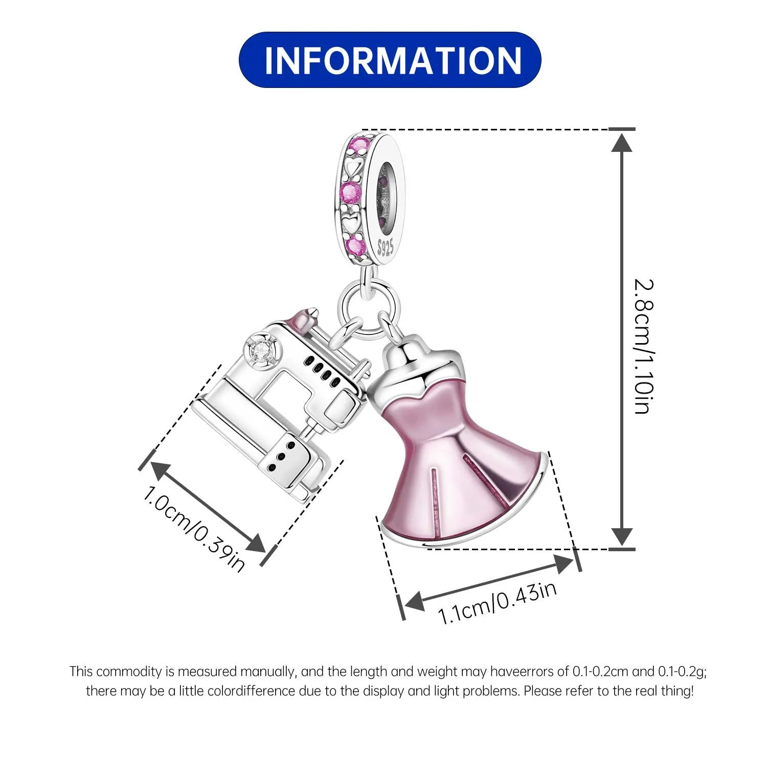 Original 925 Silver Sewing Machine Pendant Pink Dress Necklace Birthday Party