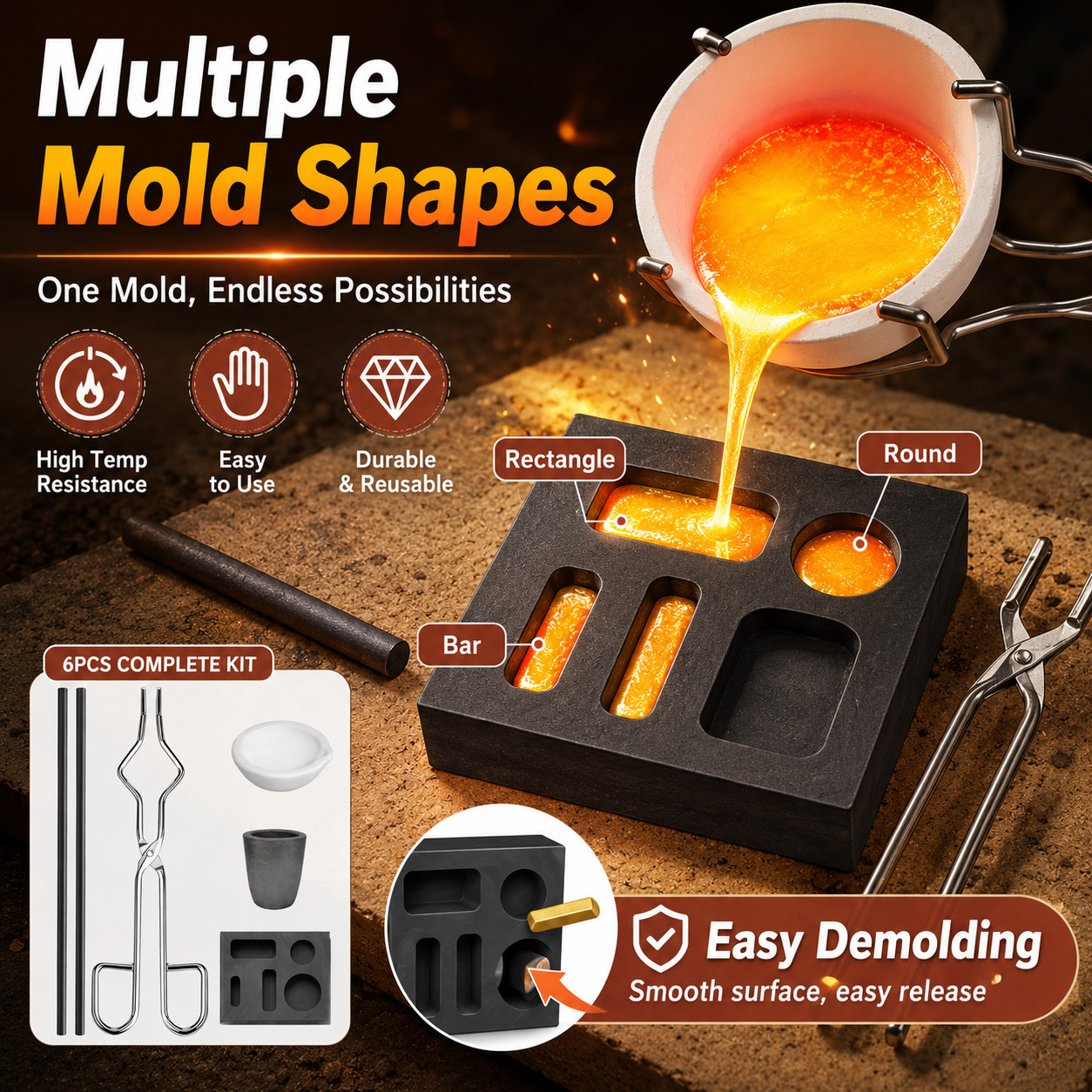 6Pack Metal Melting Casting Kit Graphite Ingot Mold Gold Silver Copper Refining