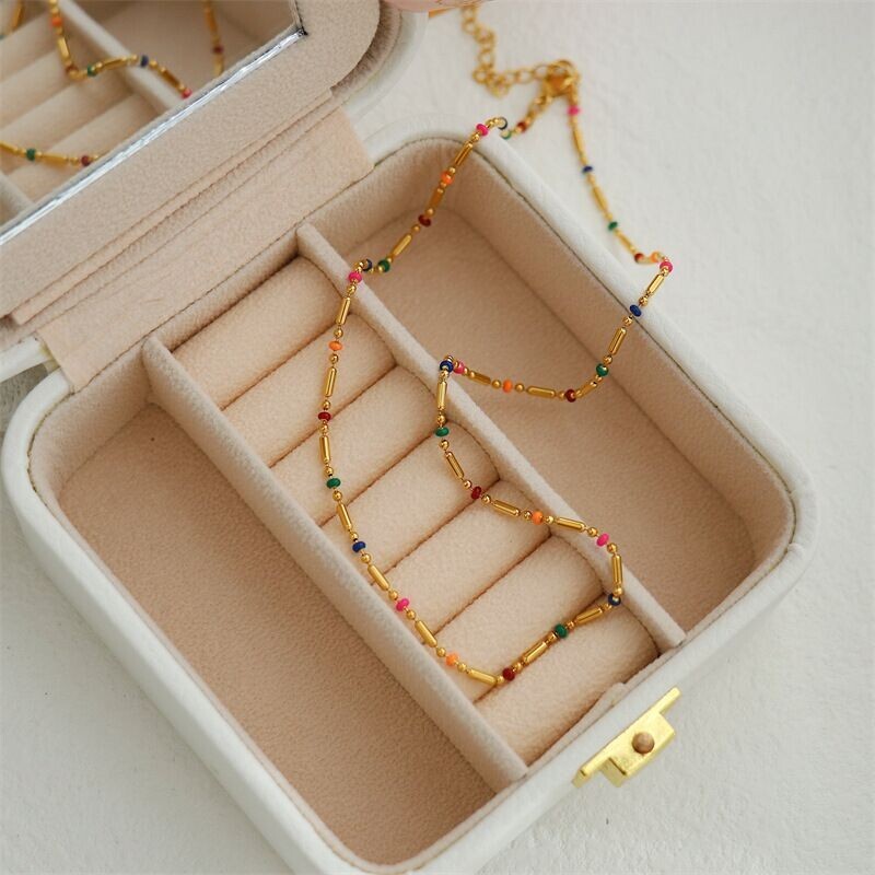 Woman 18K Gold Plated Stainless Steel Enamel Multicolor Bead Oval Necklace Chain