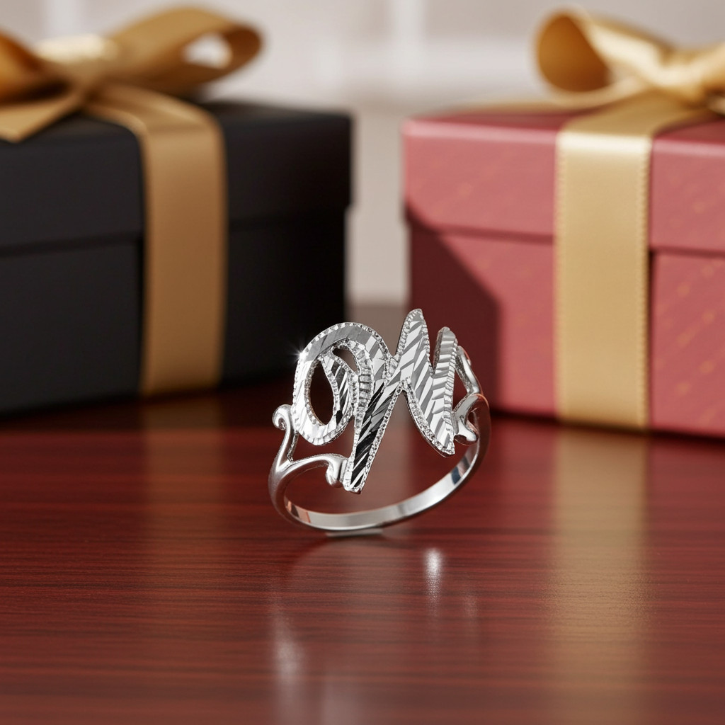 Elegant Sterling Silver Sparkle-Cut Cursive Letter Initial Script Ring for Women