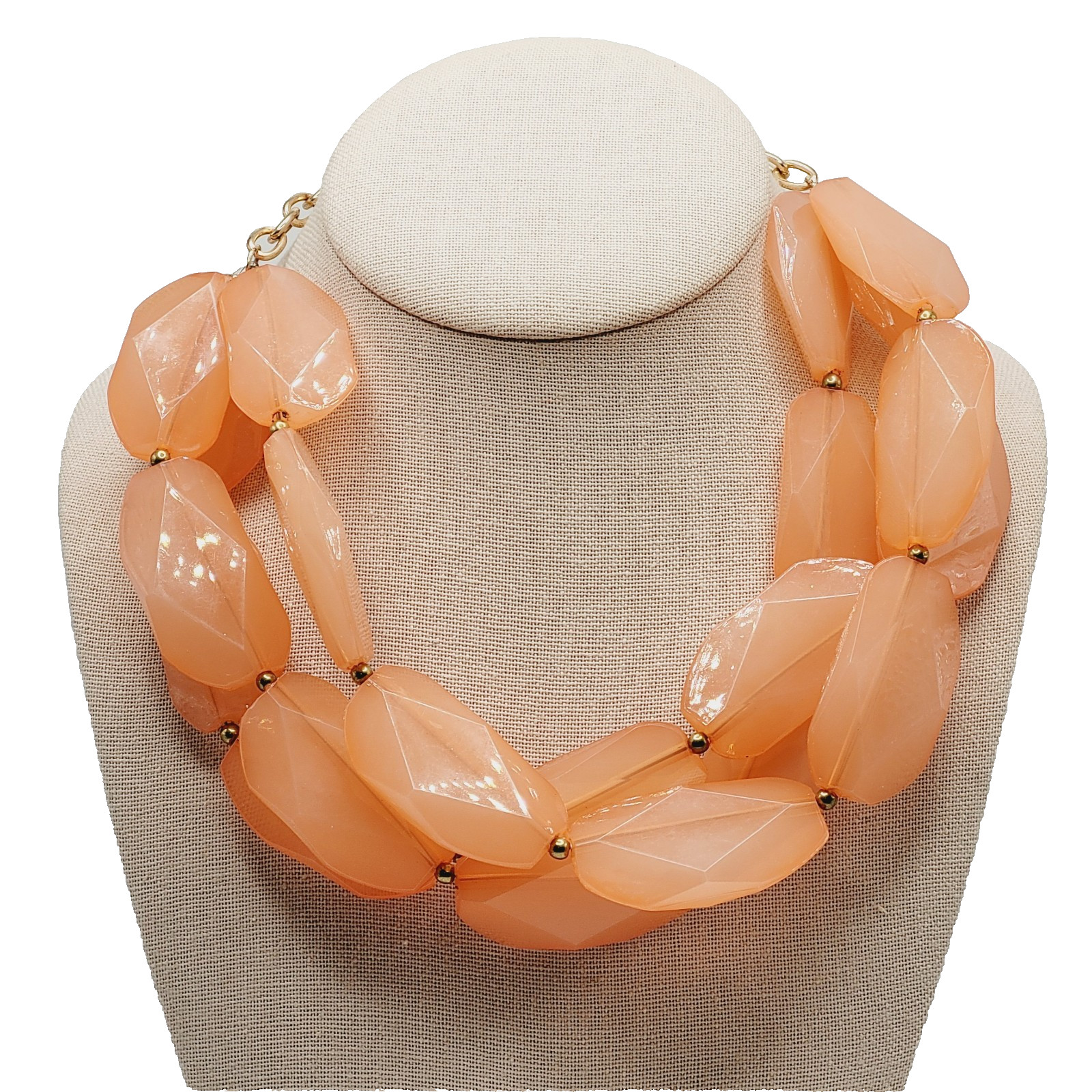 Glamourous Melon Peach Orange Shade Lucite Triple Strand Beaded Necklace 21 Inch