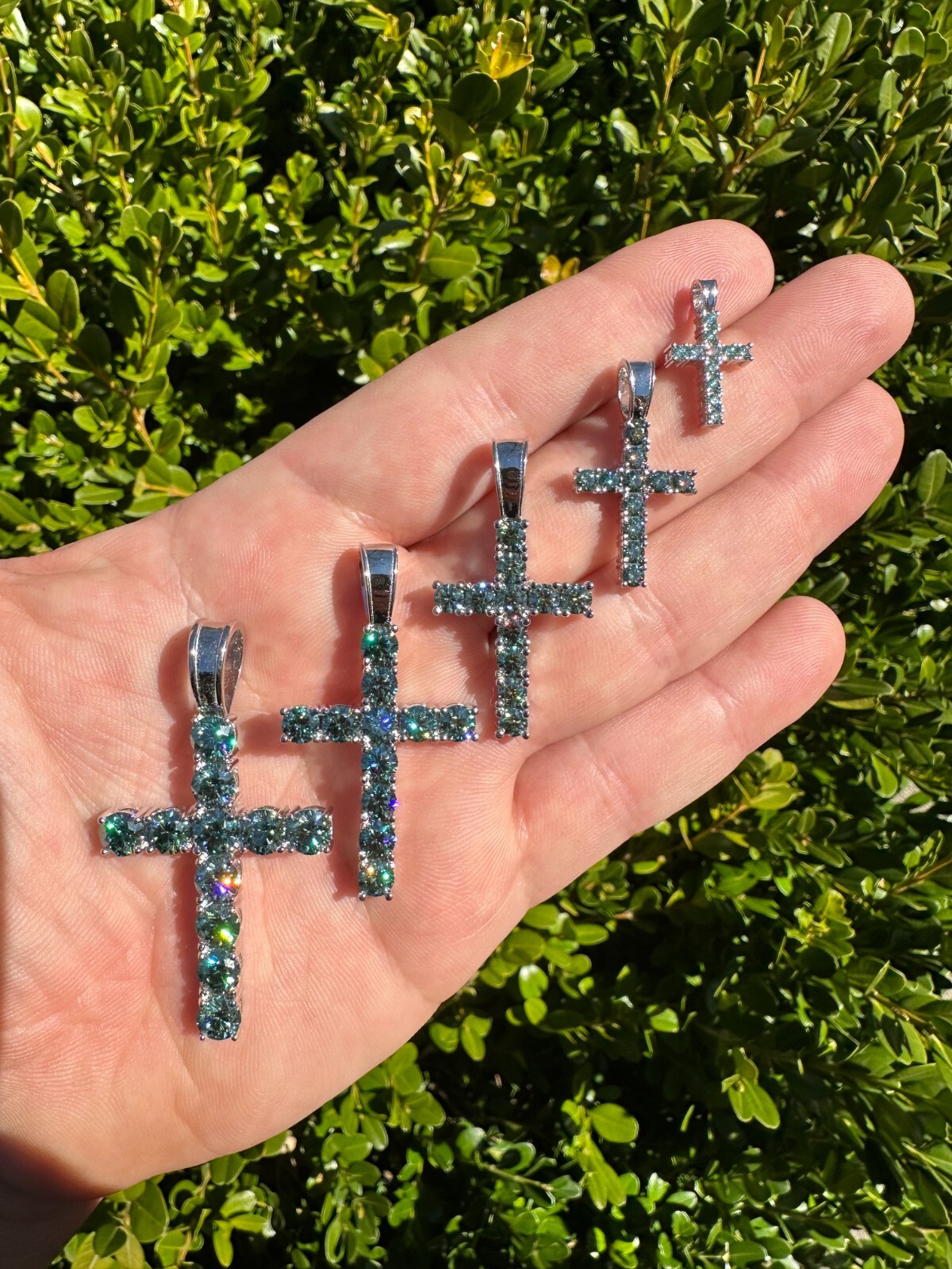 Green Blue MOISSANITE Real 925 Silver Tennis Cross Iced Pendant Necklace Hip Hop