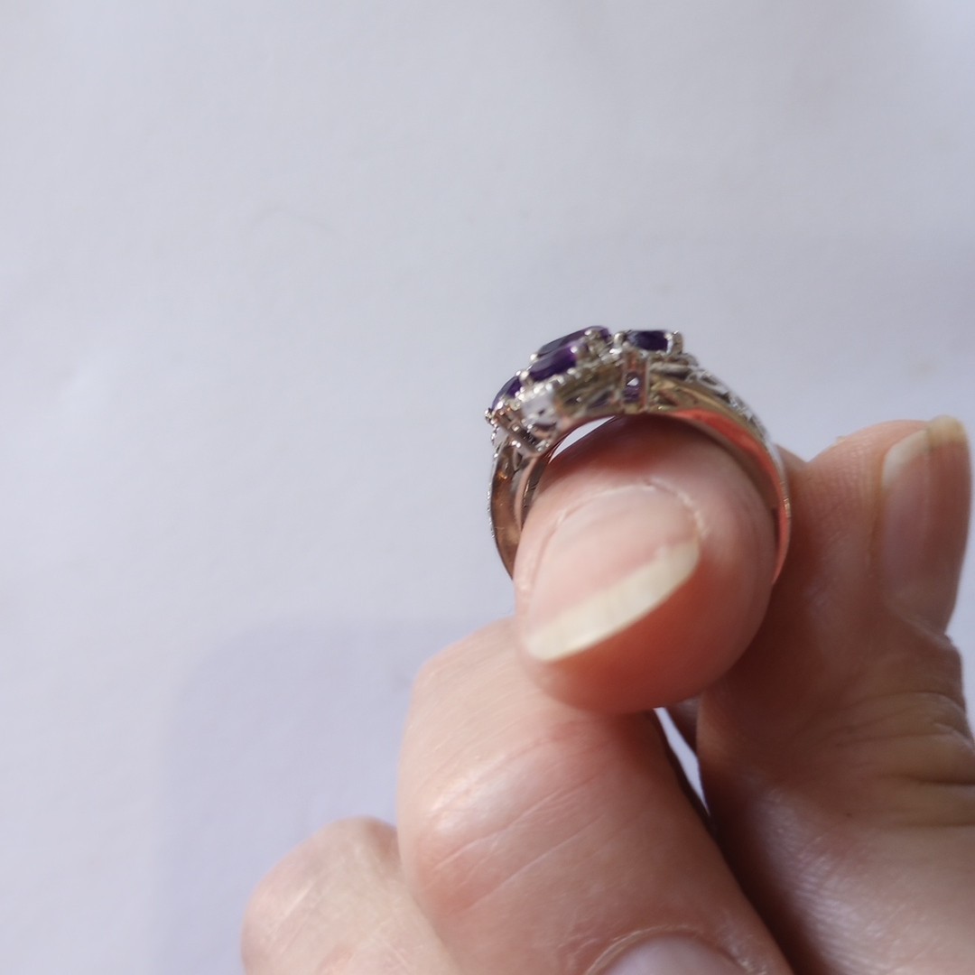 Vintage STS Karis Gothic Cross Amethyst Ring,Silver Tone Cocktail Ring Size 6.5