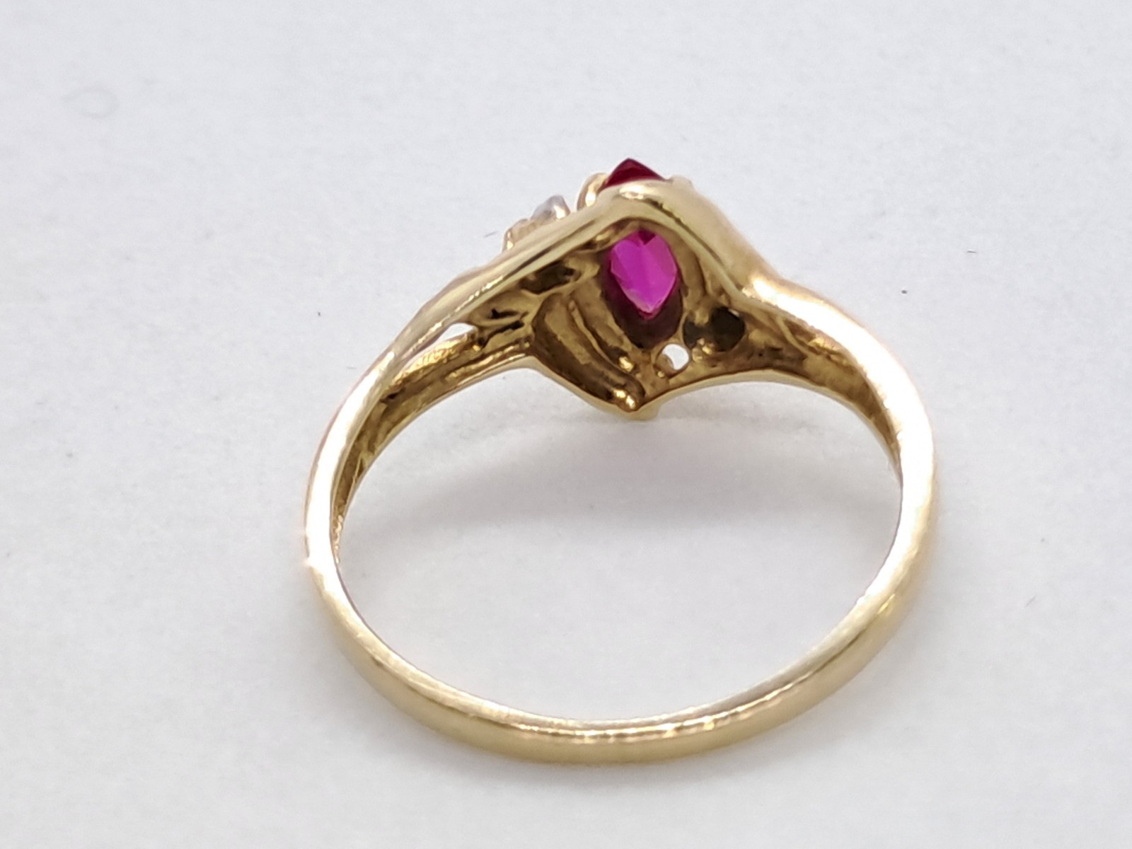 Dainty Victorian Style Marquise Ruby Ring 10K Solid Yellow Gold Natural Diamonds