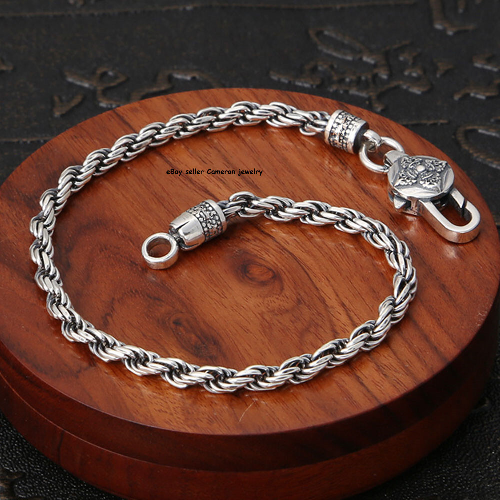 Pure S925 Sterling Silver Chain Men Women 3mm Rope Link Bracelet 6.7-8.3inch