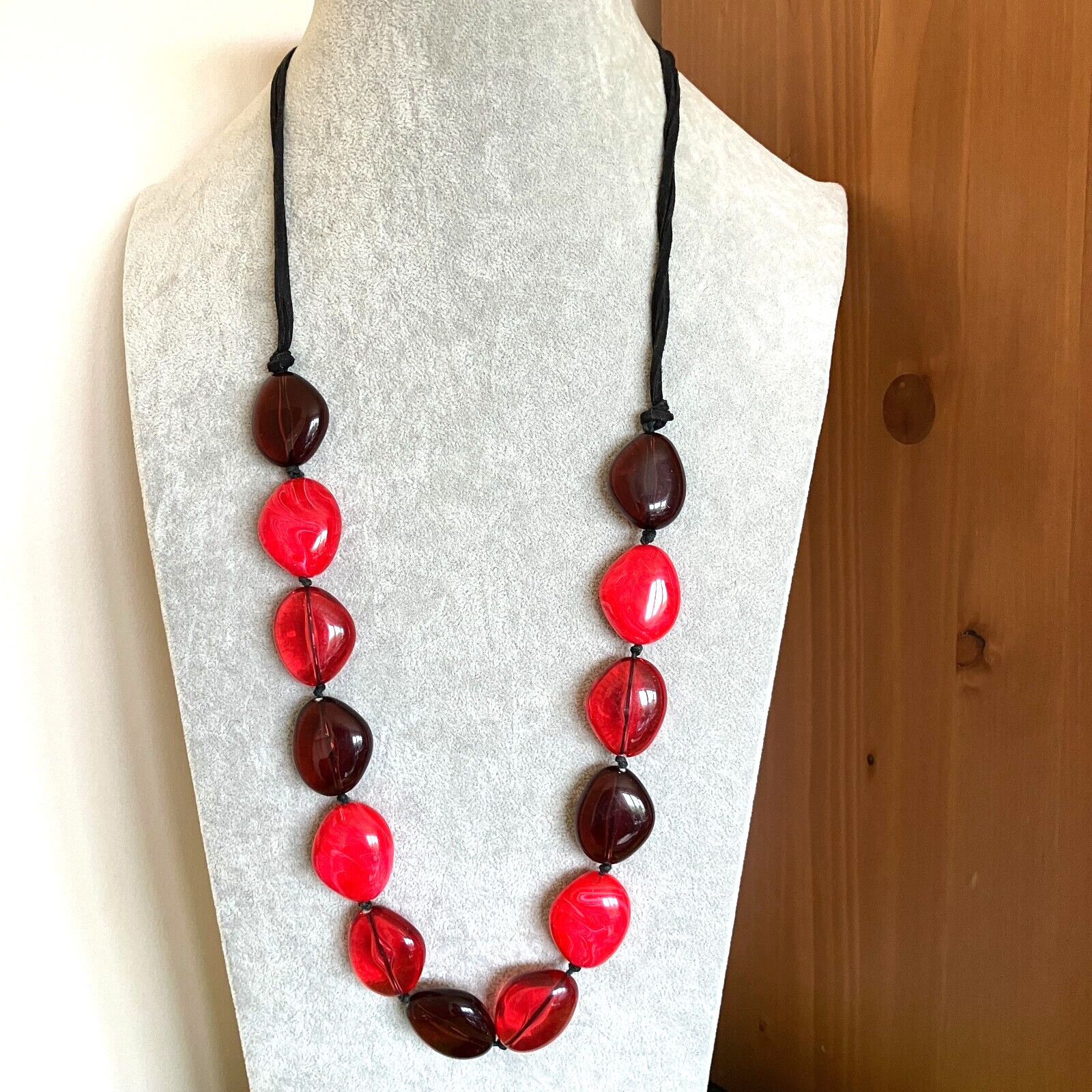 Chunky red necklace plastic bead 92cm black cord festival costume jewellery