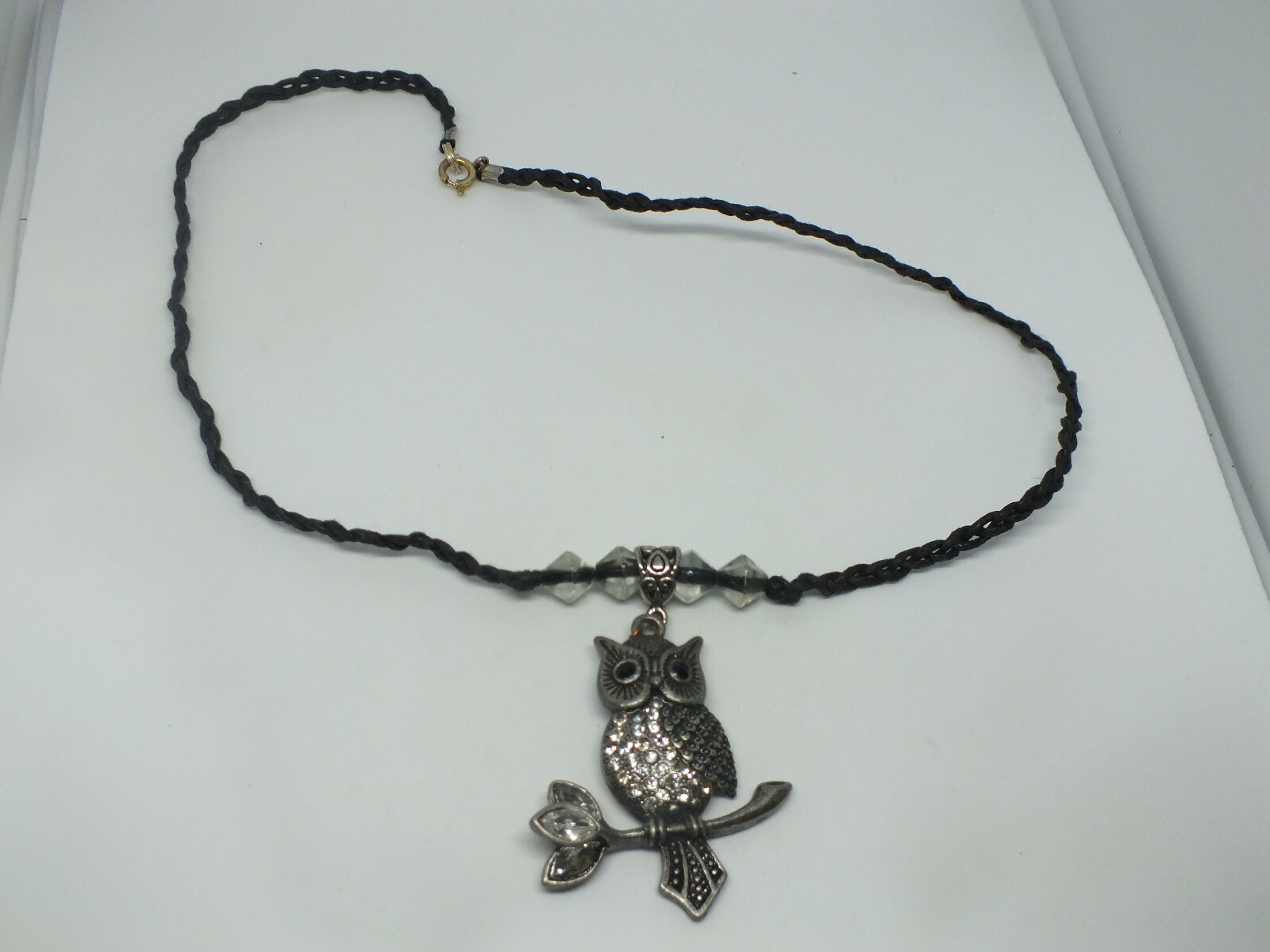 Beautiful Necklace Silver Tone Owl Black Cord Owel Clear Black Rhinestones NICE