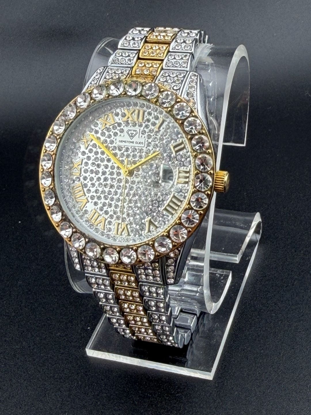 Gemstone Gods Iced-Out Two-Tone Roman Num. Crystal Bling Watch NEW BATTERY 42mm