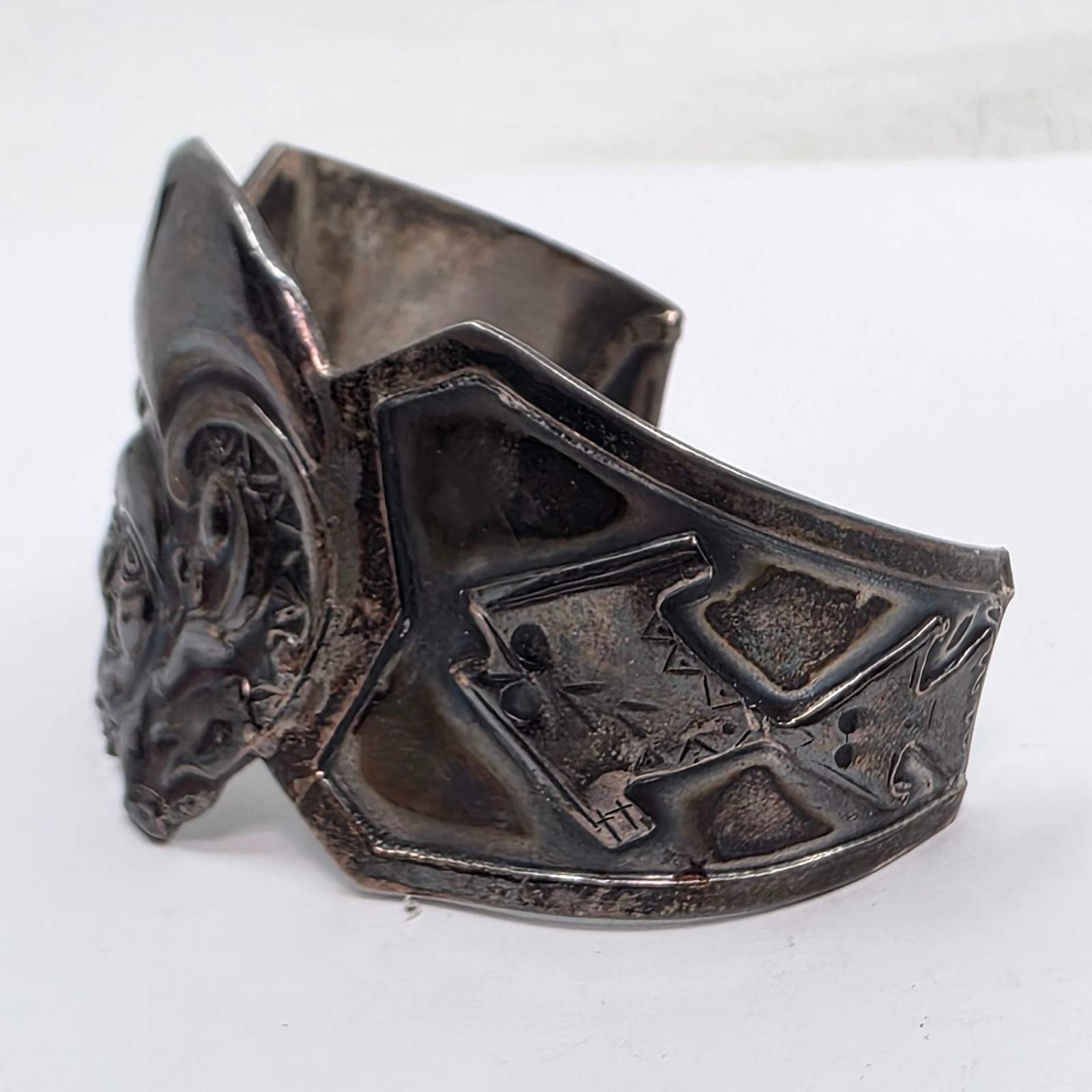Vintage Peruvian Sterling Silver 925 Pre-Columbian Deity Face Cuff Bracelet