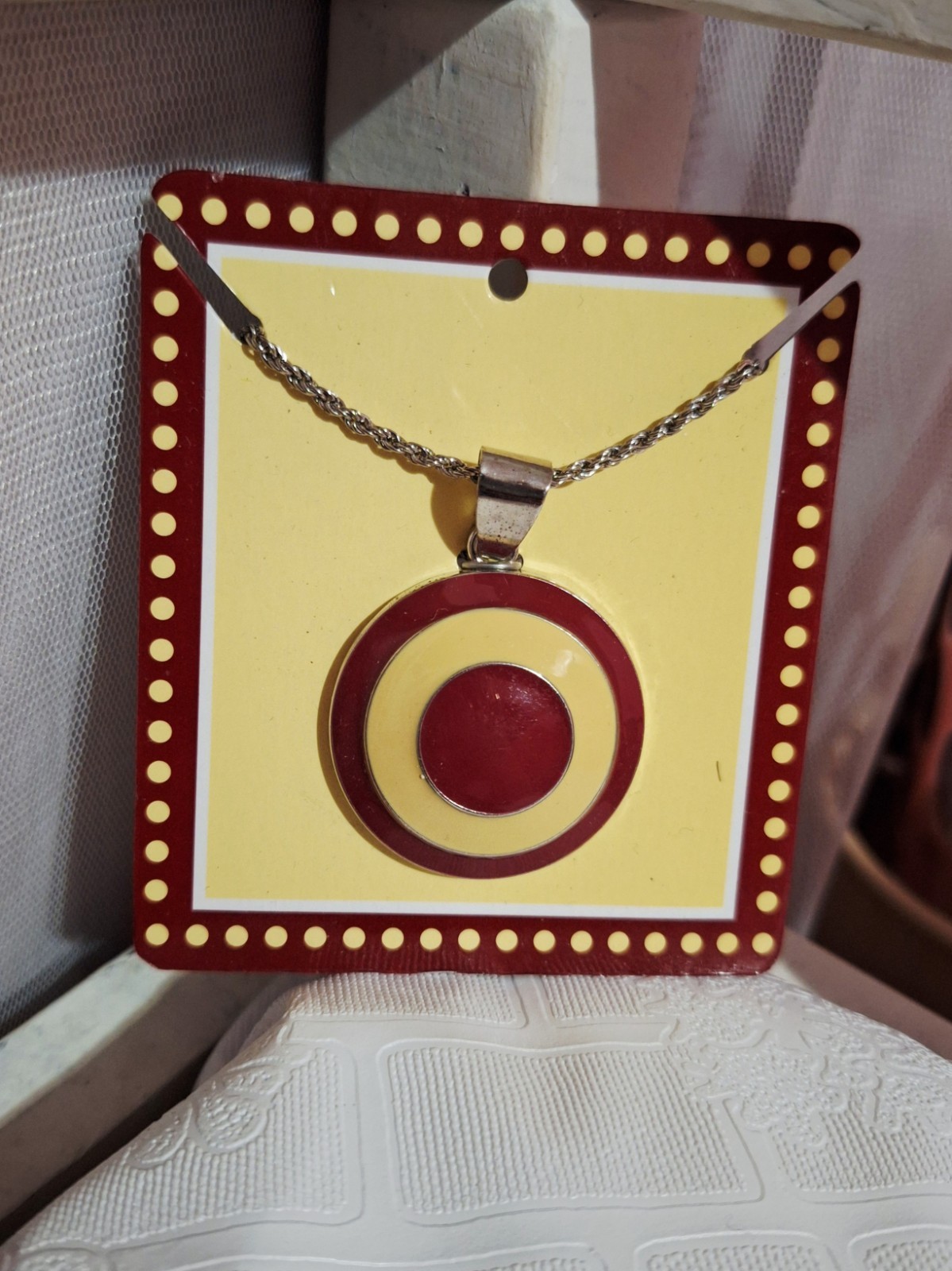 Enamel Red and Yellow Jewelry Set Necklace and Ring Circular Design