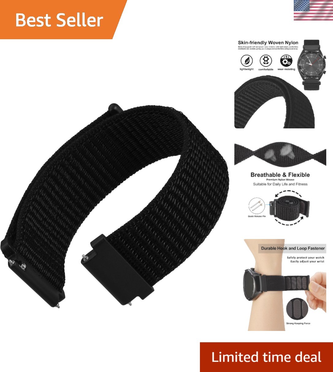 20mm Adjustable Nylon Watch Band – Quick Release Sport Loop Strap in Black
