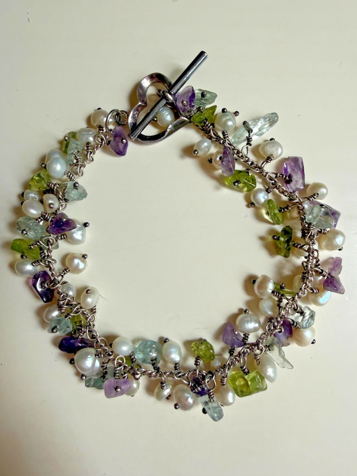 Vintage Amethyst Gem Stones Fresh Water Pearl Sterling Silver Toggle Bracelet 8