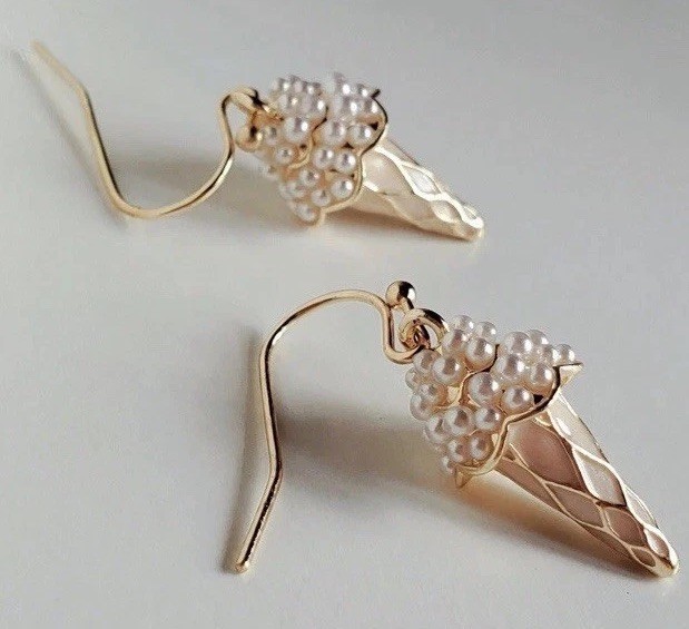 14k Gold Plated 925 Sterling Silver Imitation Pearl Ice Cream Cone Earrings NWOT