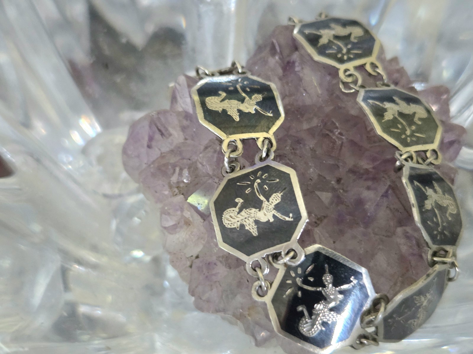 Vintage 925 Sterling Silver 40s Siam Black Enamel Dancer Goddess Bracelet 7.5in