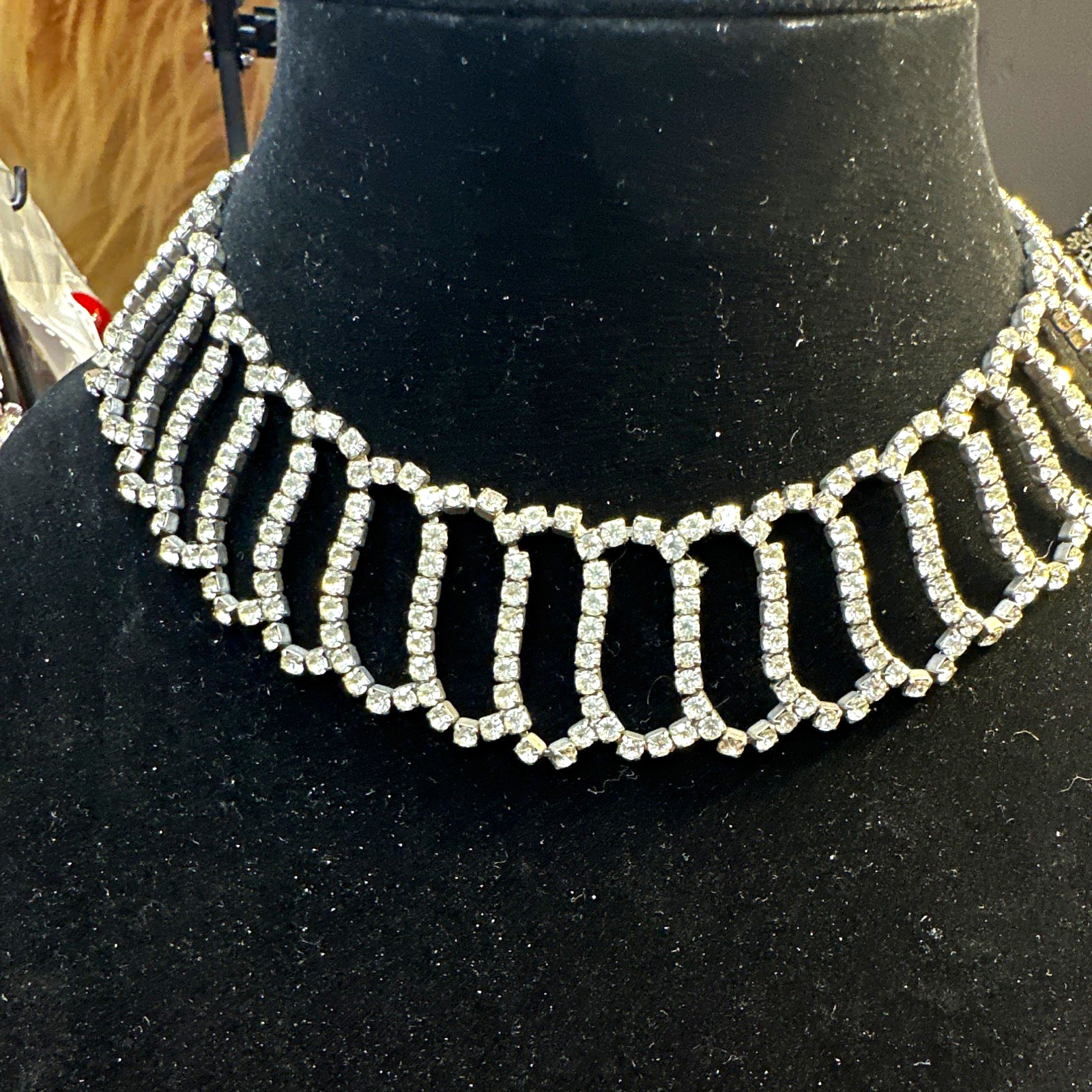 Silver Tone Crystal Rhinestone Statement Choker Necklace, Adjustable – Fashion