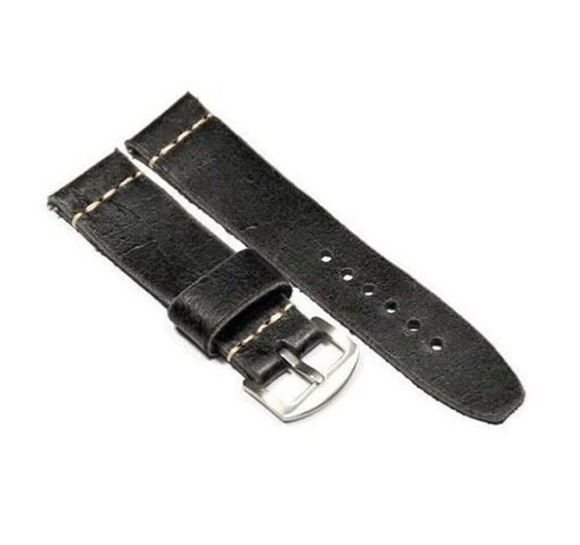 Distressed leather watch band Soft, Black watch strap 18mm 20mm 22mm 24mm