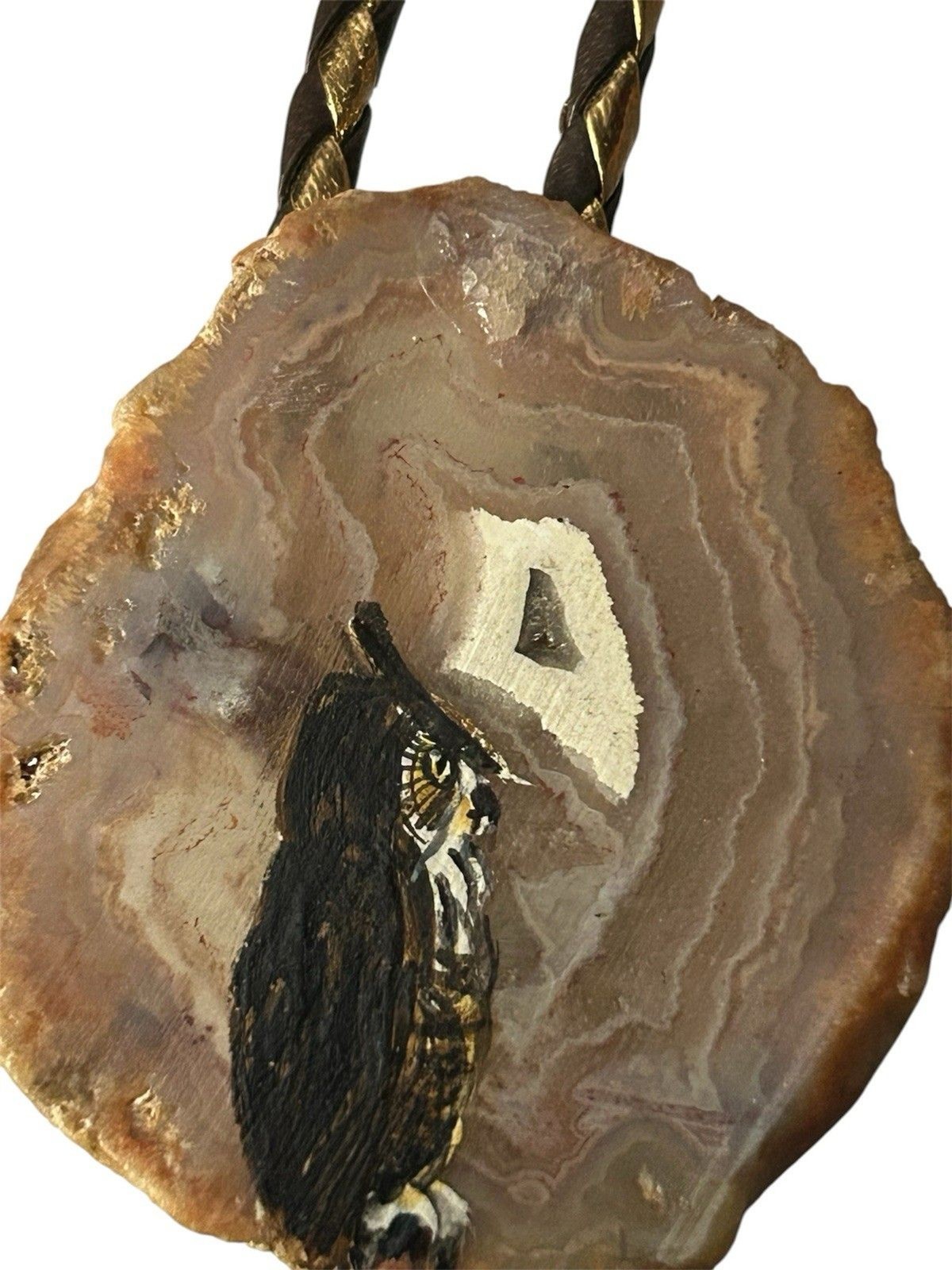 Vintage Hand Painted Owl Agate Slice Bolo Tie Brown Leather Gold Tone Western