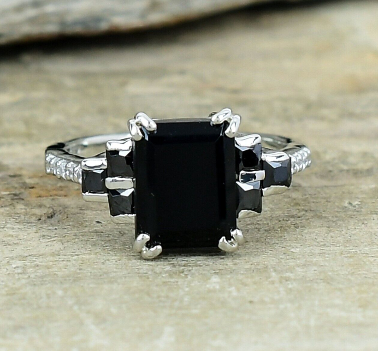 Natural Black Onyx, Moissanite 925 Sterling Silver Ring, Baguette Dainty Ring