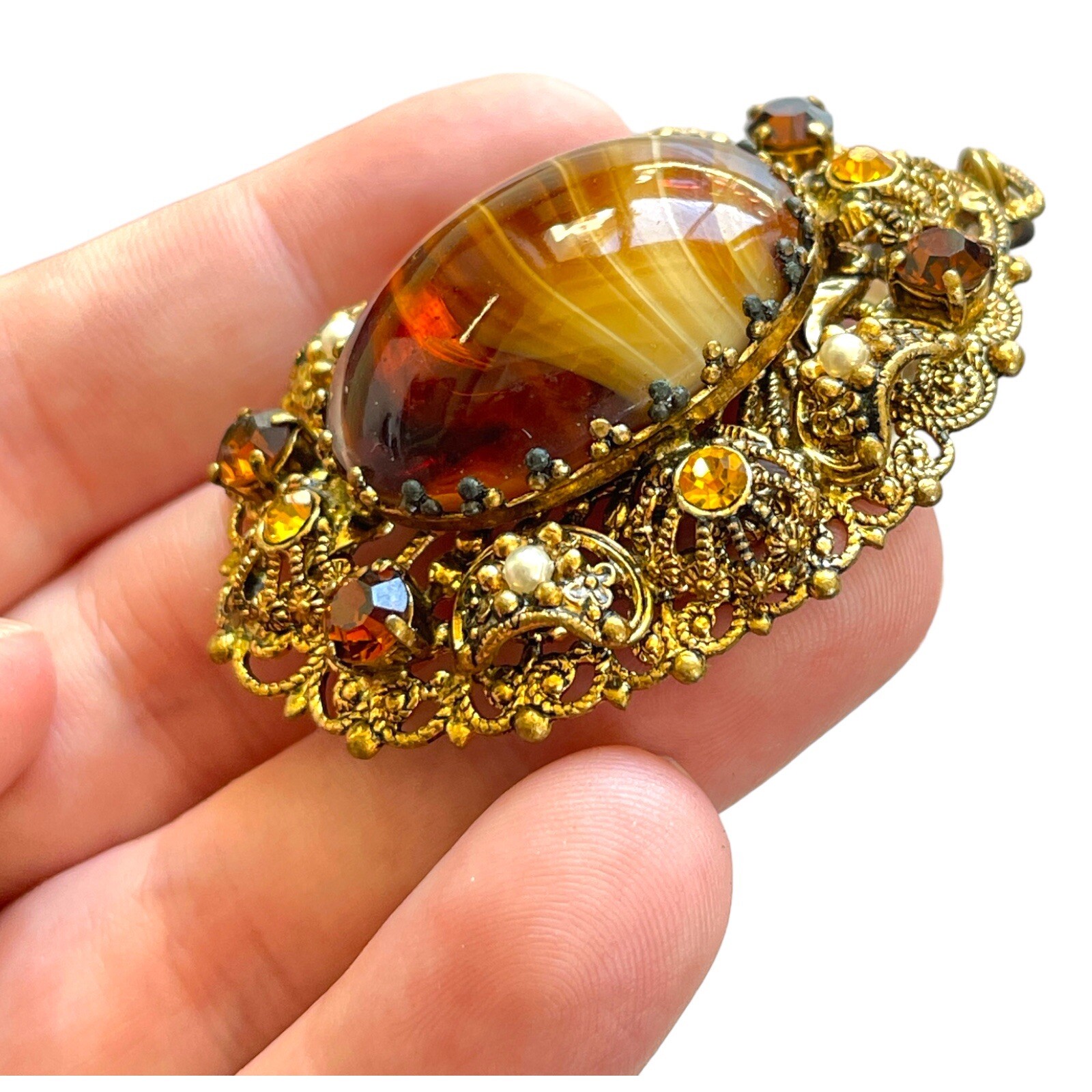 Vintage Western Germany Filigree Necklace Porphyry Glass Faux Pearls Gold Tone