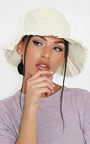 Frayed-Edge-Bucket-Hat-Summer Distressed-Beach-Sun-Hat-for Medium Cream Beige