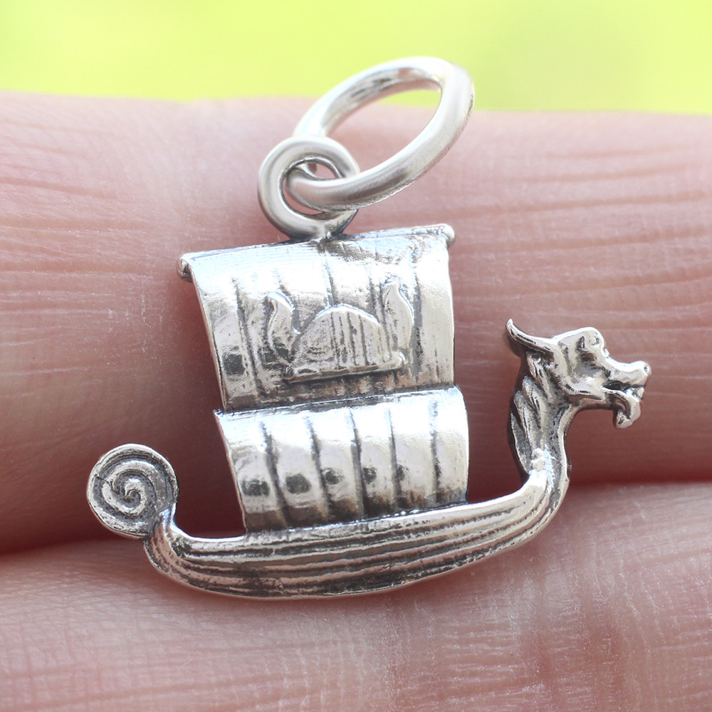 925 Sterling Silver Viking Ship Pendant Charm Dragon Longship Boat For Necklace