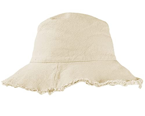 Frayed-Edge-Bucket-Hat-Summer Distressed-Beach-Sun-Hat-for Medium Cream Beige