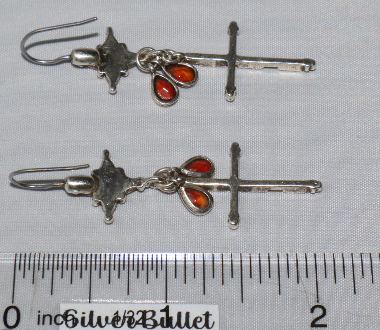 Sterling Silver Blue Enamel Cross Amber Stone Dangle Earrings