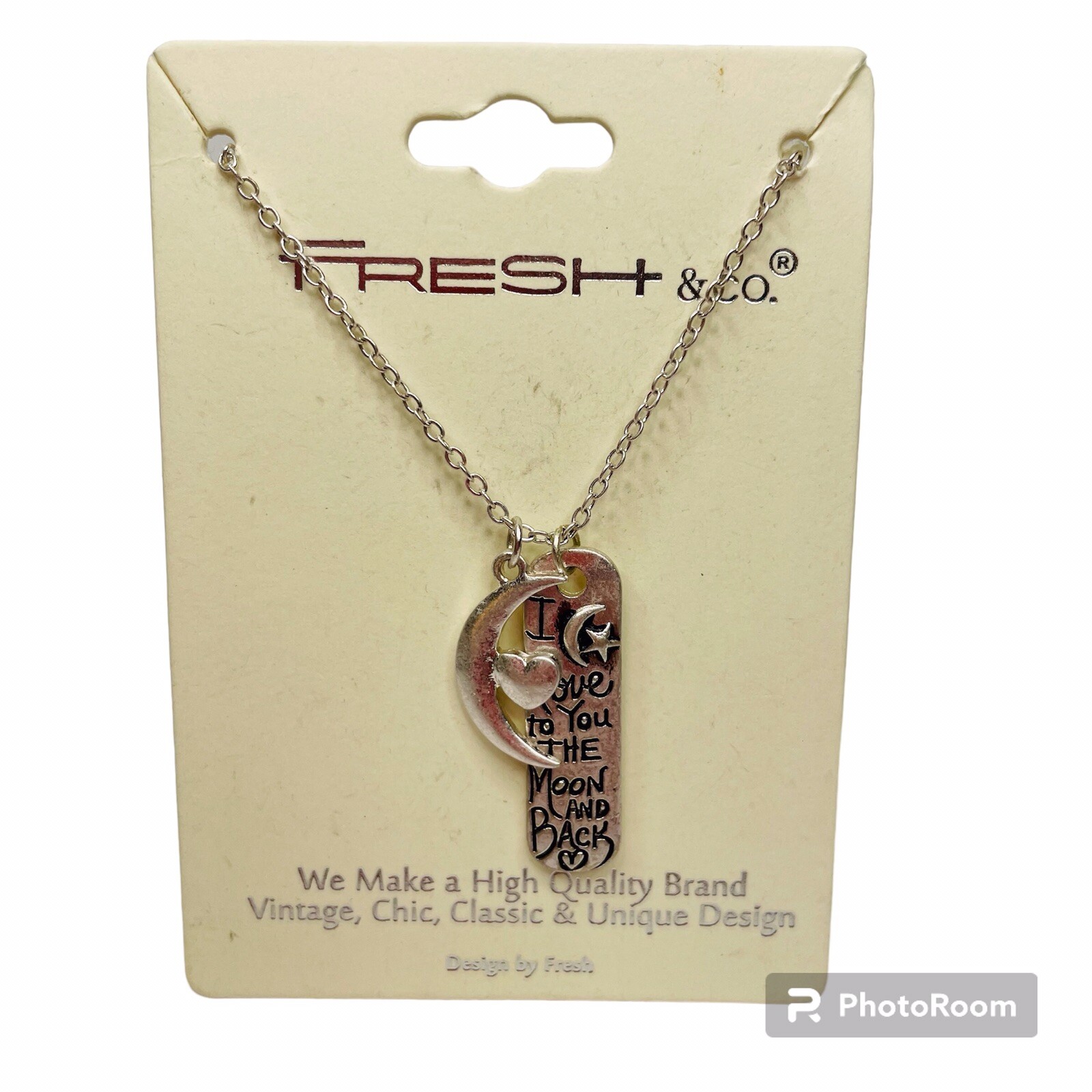FRESH & CO Womens Necklace SilverTone LOVE YOU TO THE MOON AND BACK 16-18” NWT
