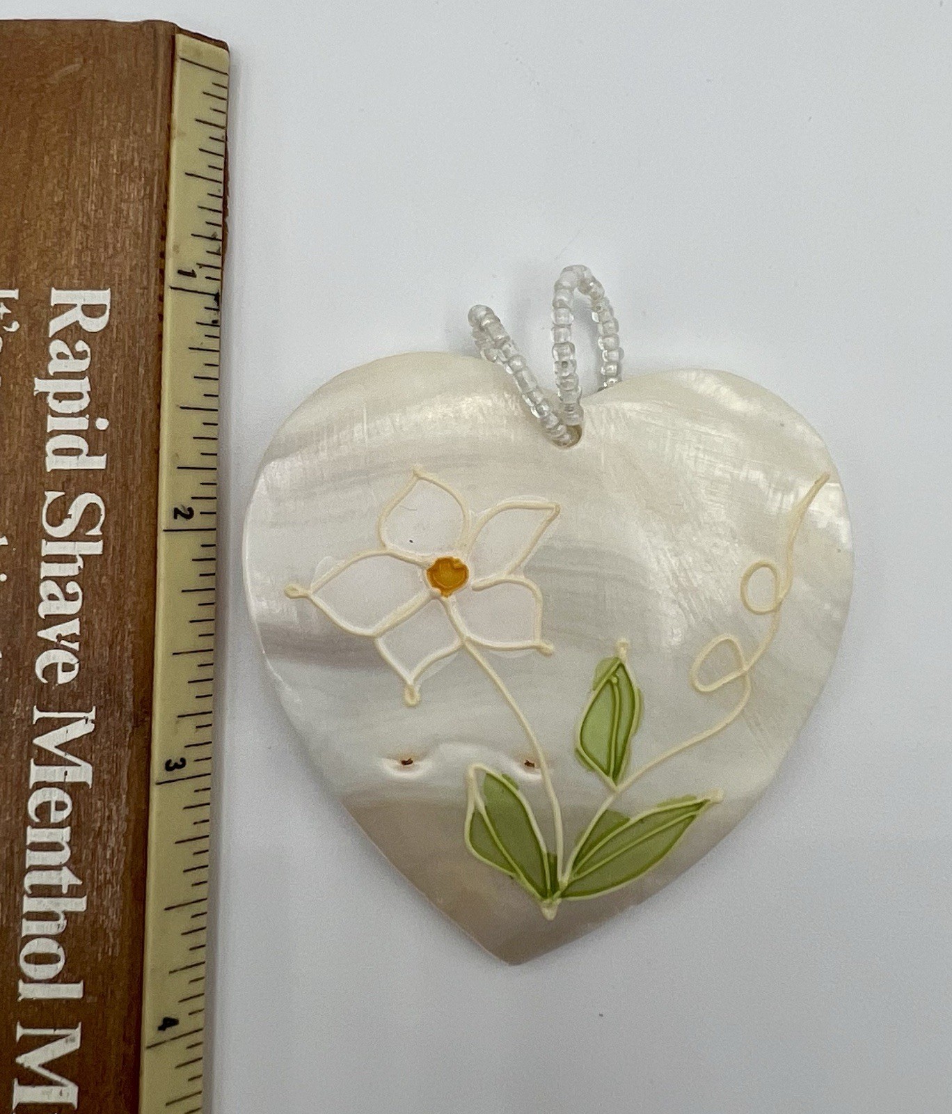 Vtg Large MOP Shell Heart Pendant Hand Painted Flower Beads Gorgeous Unique