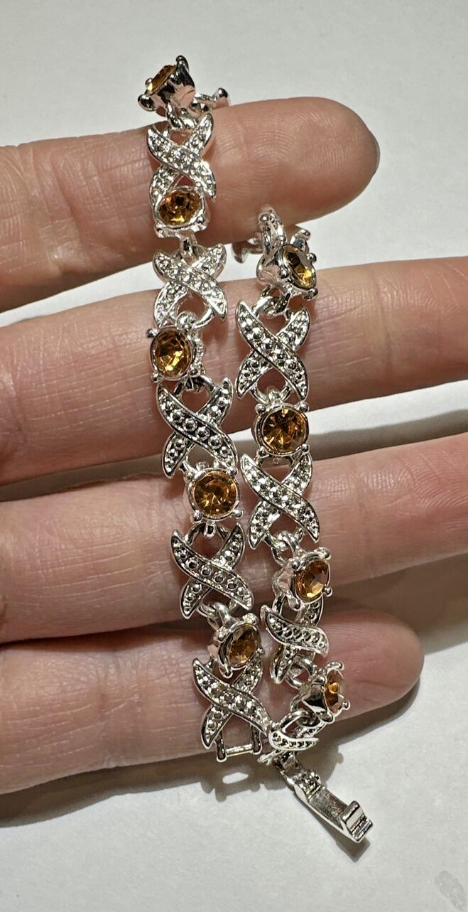 NEW Shiny Yellow Rhinestones X Infinity Tennis Silver tone 7.5″ Bracelet DA5