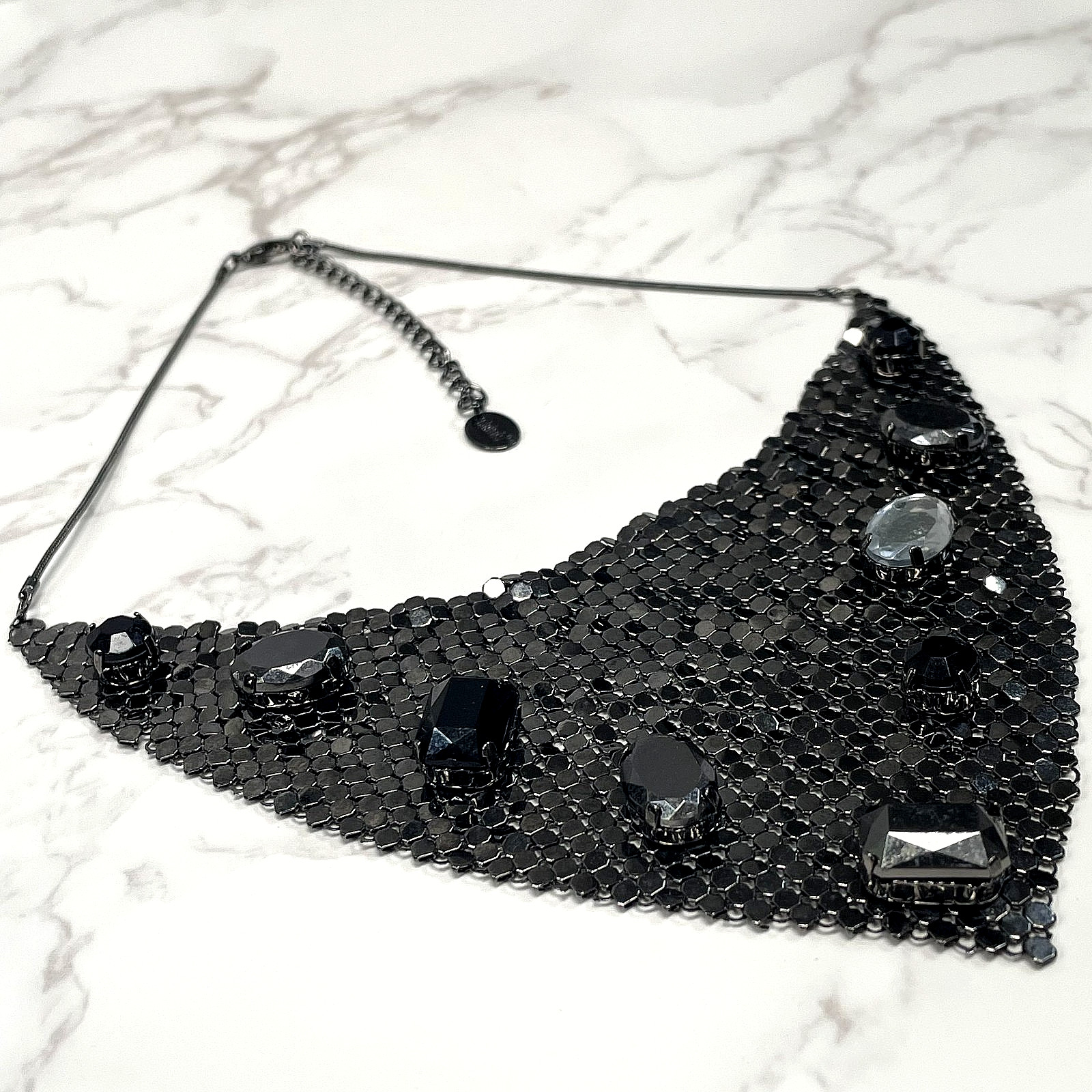 Claire’s Signed Black Liquid Metal Mesh Bib Necklace Gothic Rhinestone Statement