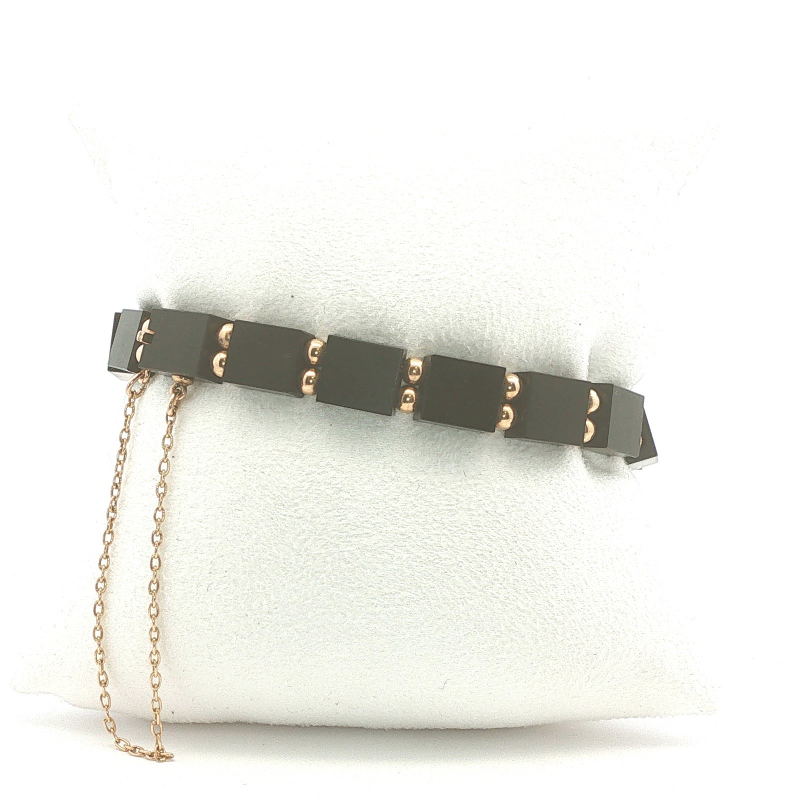 Onyx Block and 14k Gold Bead Bracelet With Safety Chain 6.5″