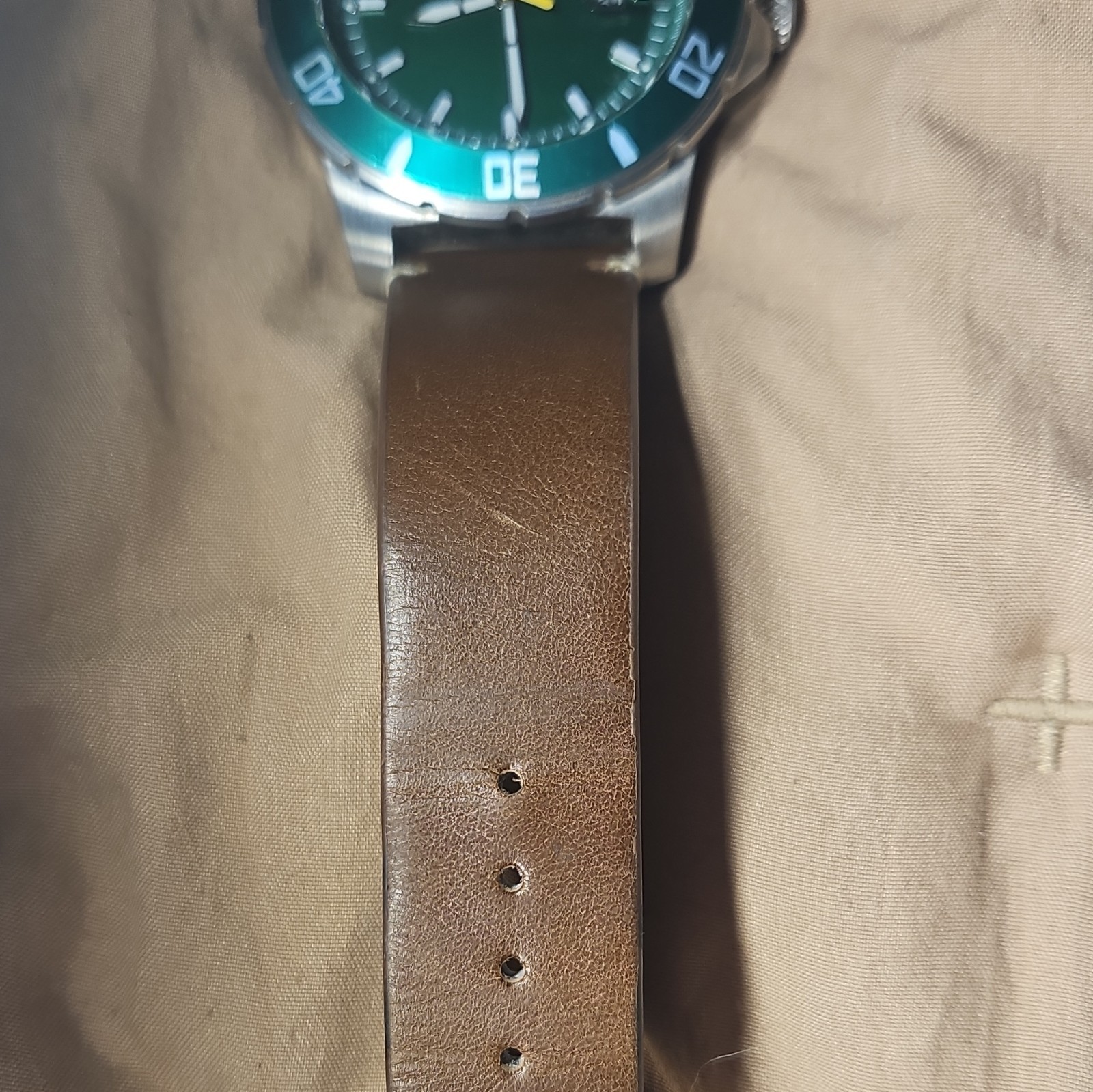 Nautis Diver Quartz Watch 200m 20ATM Green Dial Date Brown Leather Strap