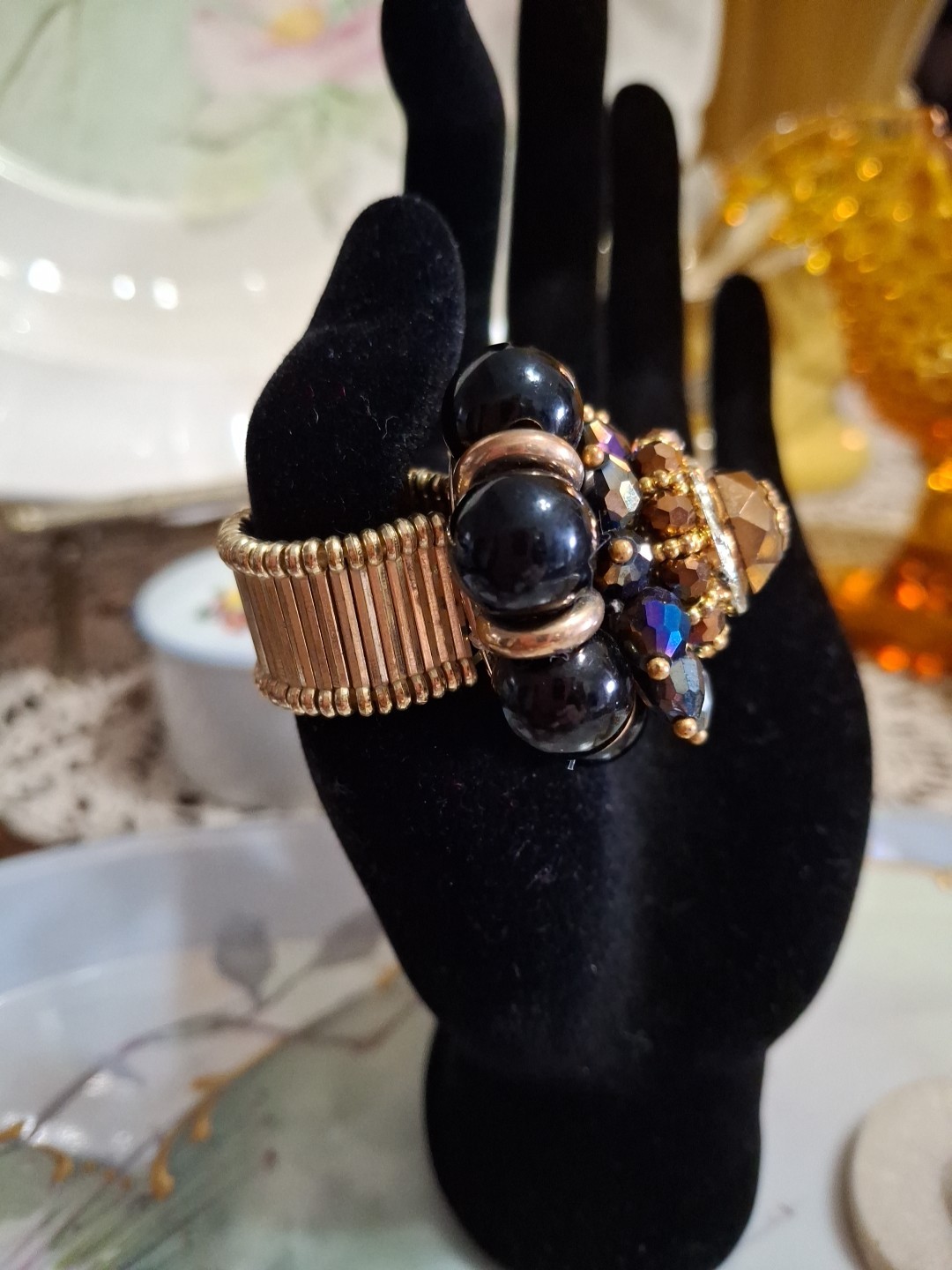 Large Domed Statement Stretch Cocktail Ring Blk Gold Purple Blue Rhinestones