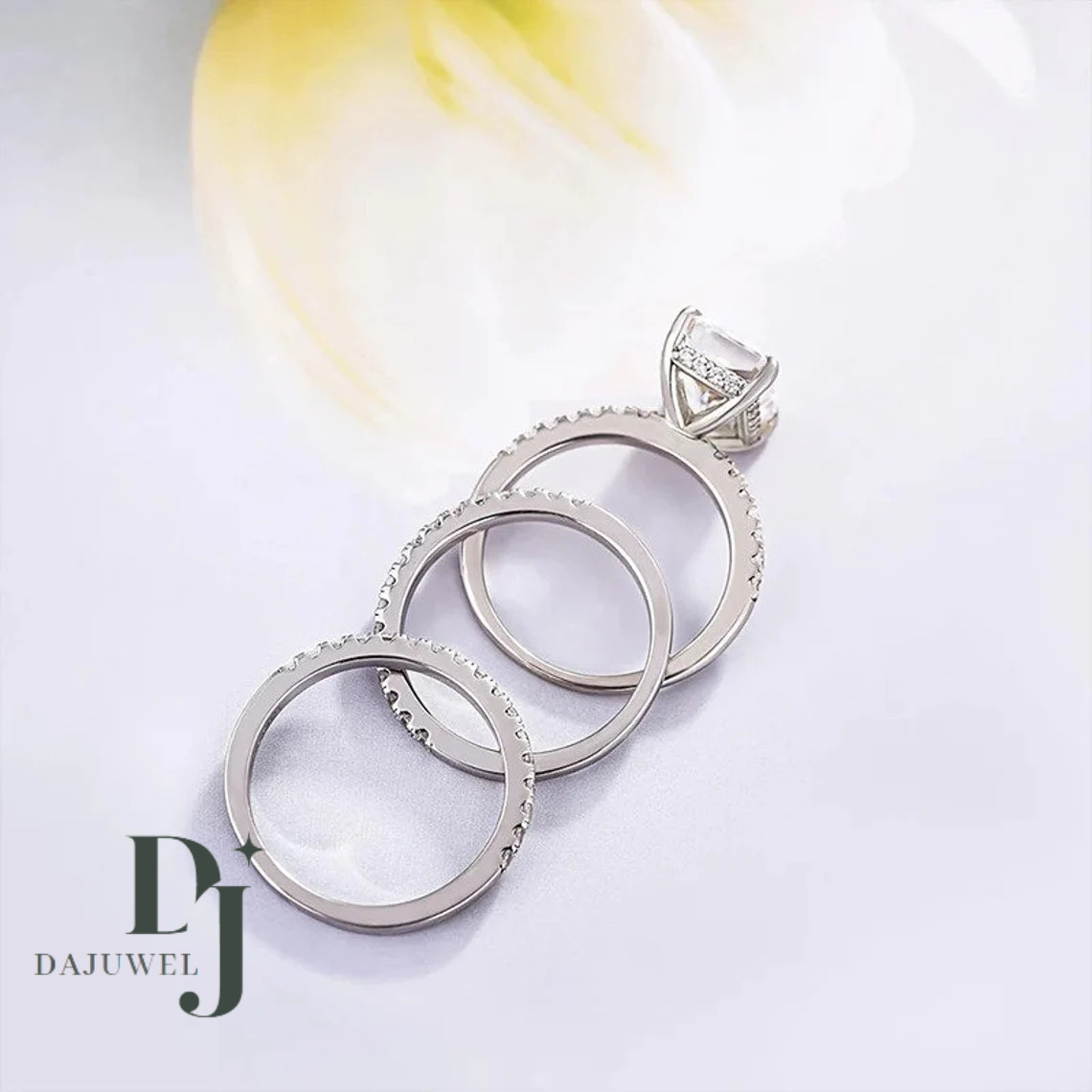 Trio Set Moissanite Engagemement Ring Solid 14K White Gold 3 Carat Radiant Cut