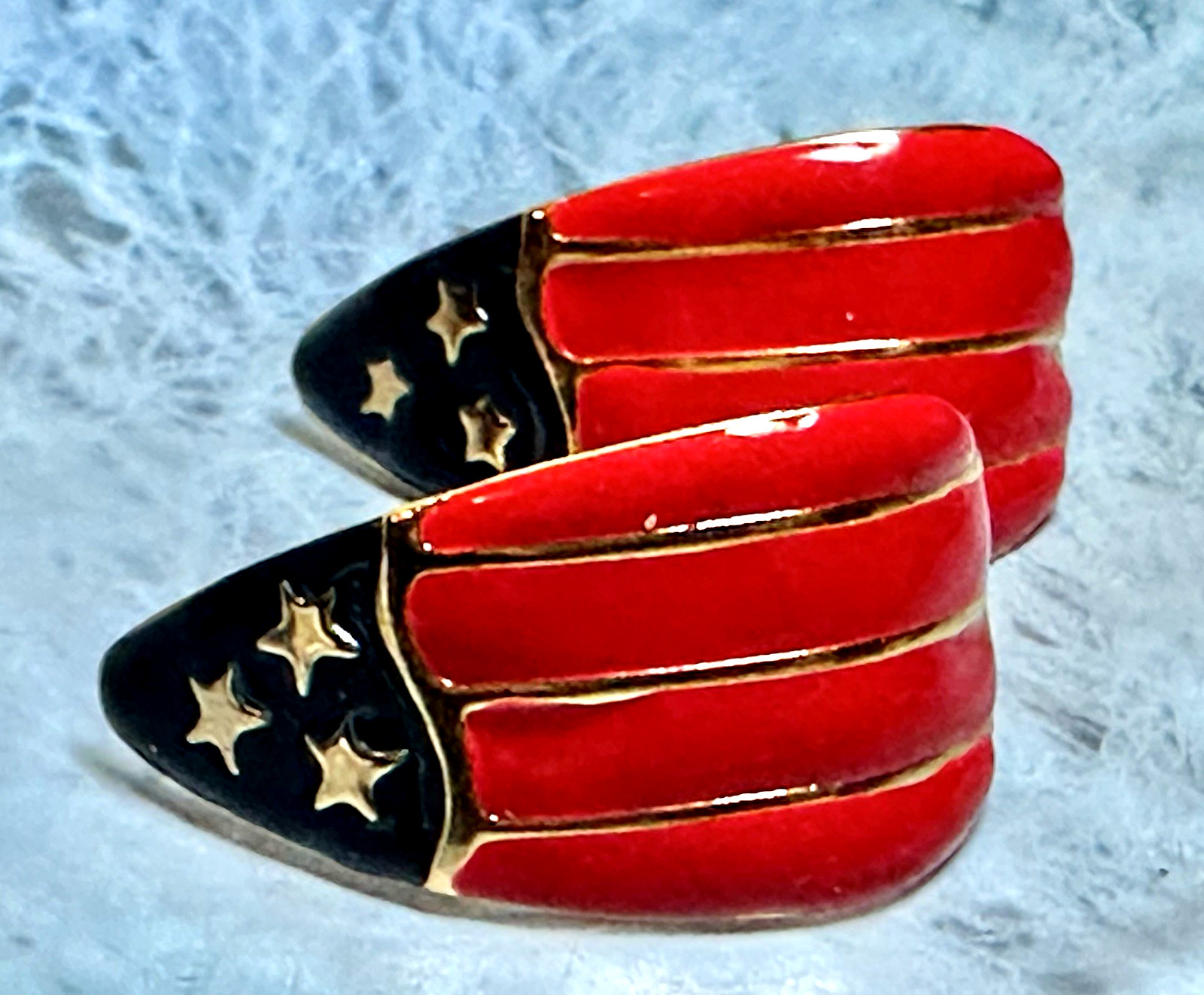 Vintage Patriotic Red & Blue Enamel Gold Toned Half Hoop Pierced Earrings