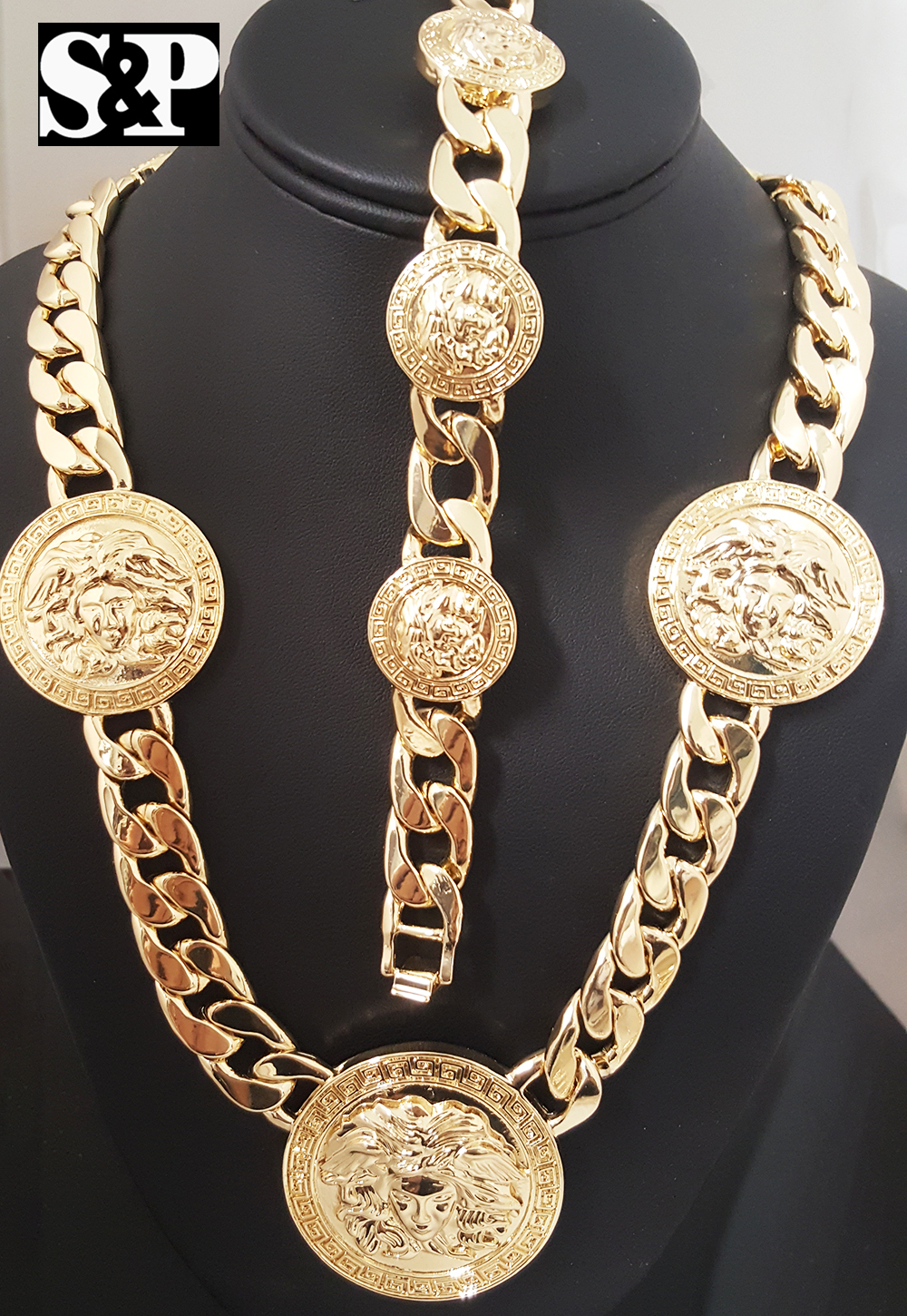 Men Iced Watch & Medusa Head Medallion Cuban Necklace & Bracelet Combo Set
