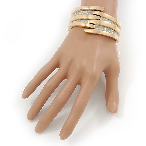 Gold Plated Bar With Silver Glitter Hinged Bangle Bracelet – 18cm L