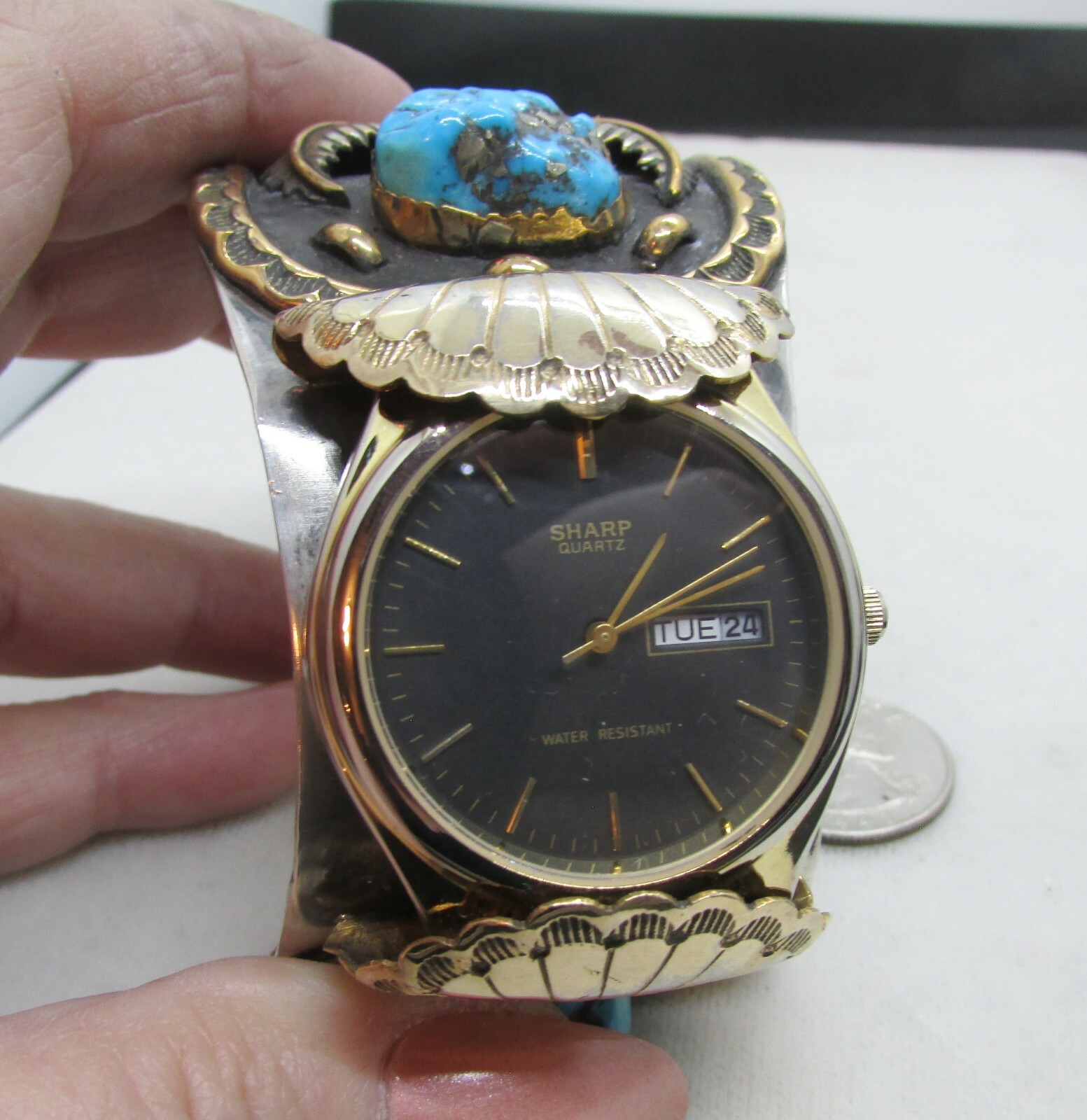 VTG SW N A WATCHBAND W/TURQUOISE & CORAL GOLD OVERLAY W/SS UNDERNEATH-NEW PRICE