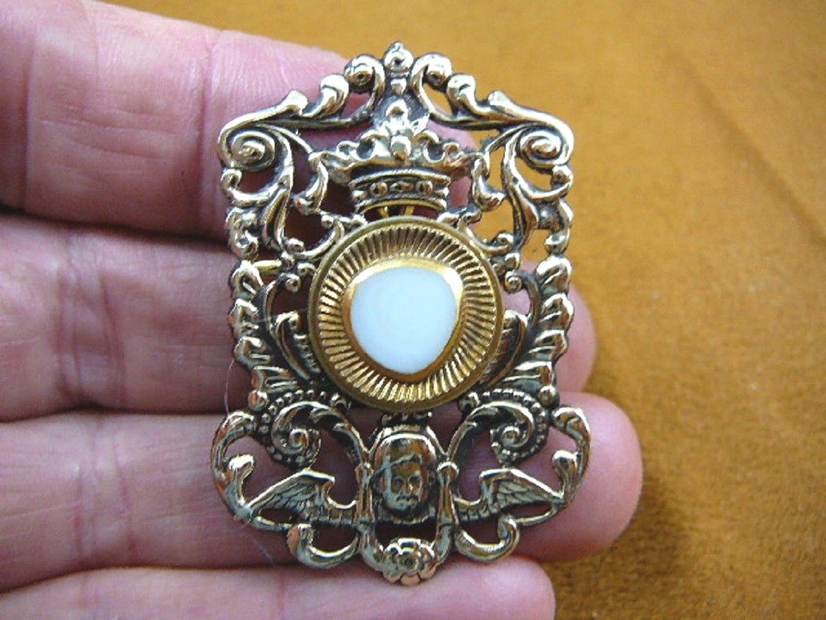 Z18-28 white triangle gold trimmed textured Czech glass button angel pin brooch