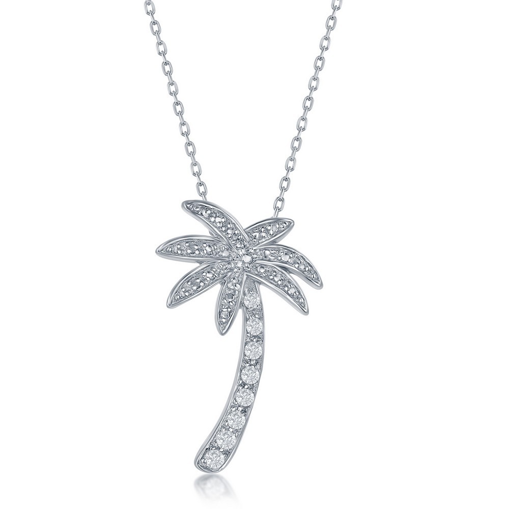 Sterling Silver Sparkling CZ Palm Tree Pendant Rhodium Plated