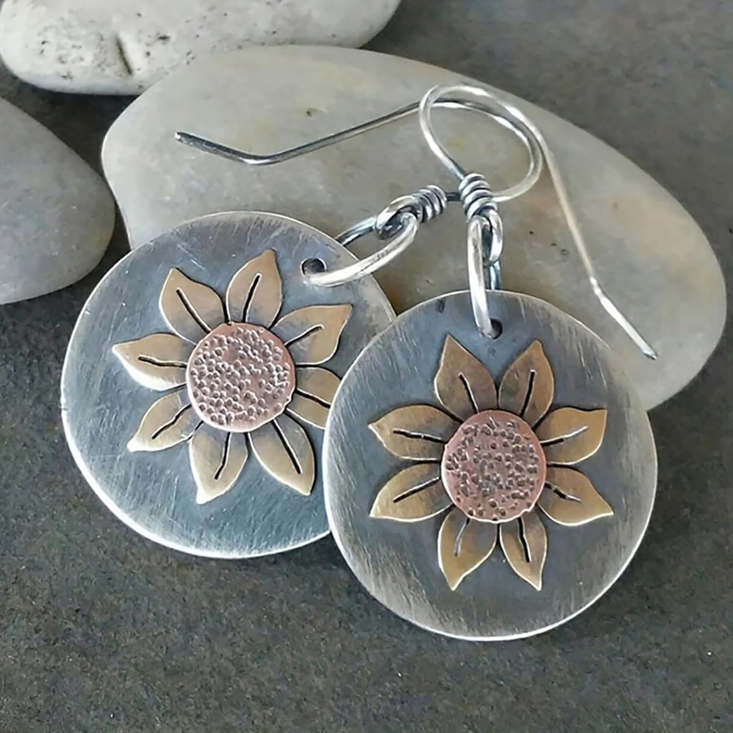 Boho Earrings, Gray Teardrop Earrings, Flower Earrings, Dangle Ethnic Earrings f
