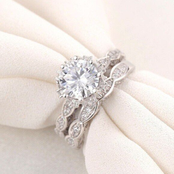 925 Silver Plated Ethnic Vintage Ring 2 Ct CZ Inlay Bridal Marriage Ring Set