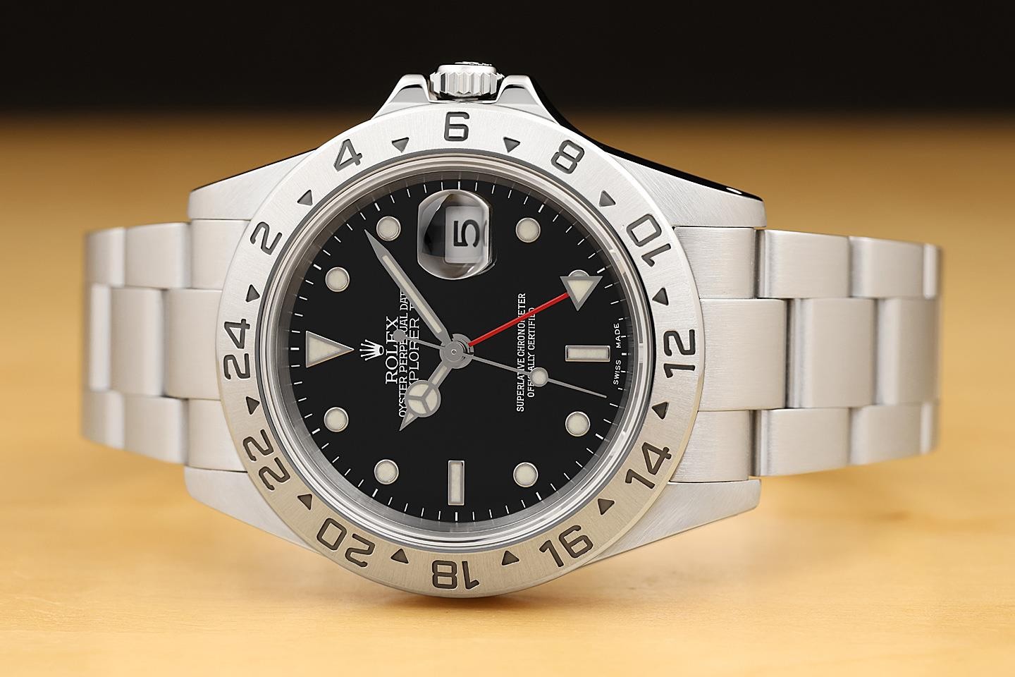 2002 ROLEX MENS EXPLORER II 16570 BLACK DIAL STEEL GMT OYSTER WATCH