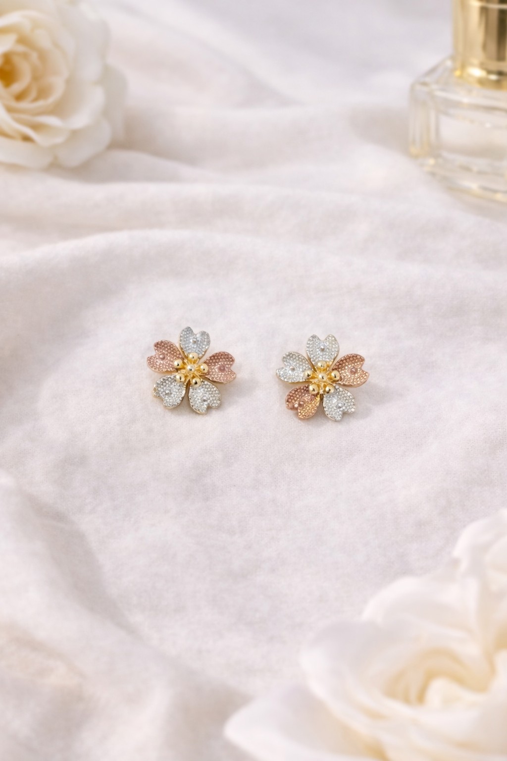 18K Gold Plated Tri-Color Flower Jewelry Set Necklace & Stud Earrings for her
