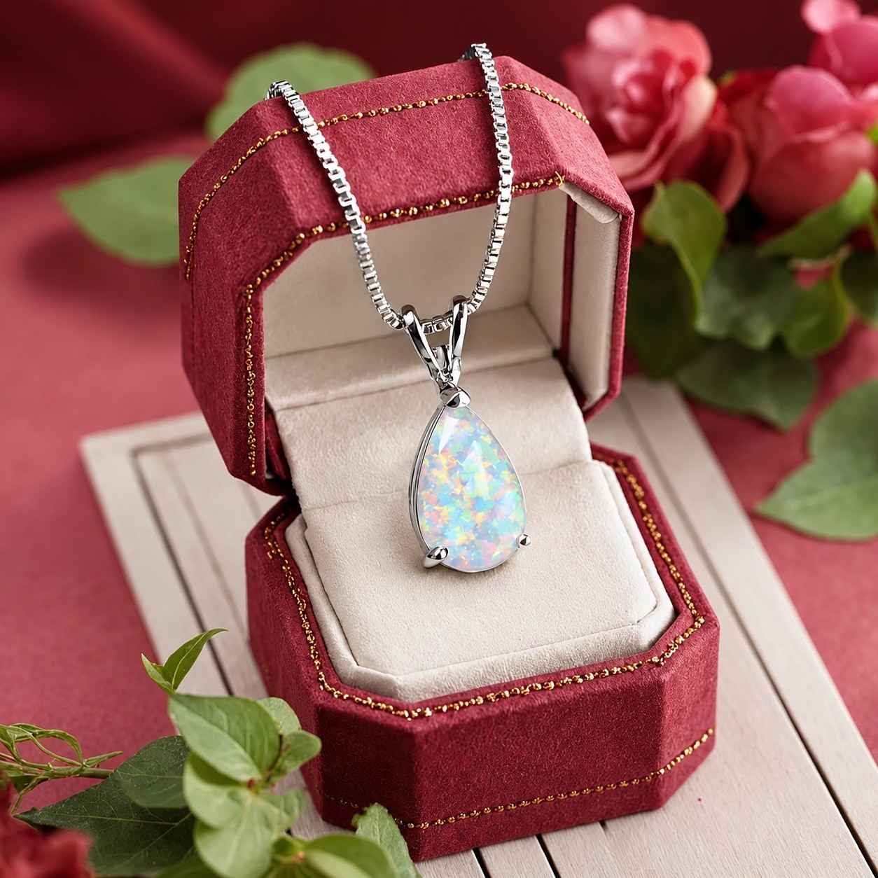 White Opal Stone Pendant Minimalist Droplet Fire Opal Necklace Sterling Silver