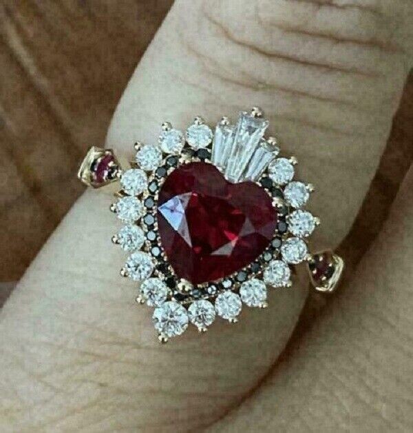 2.50Ct Heart Cut Red Garnet & Diamond Halo Engagement Ring 14K Rose Gold Finish